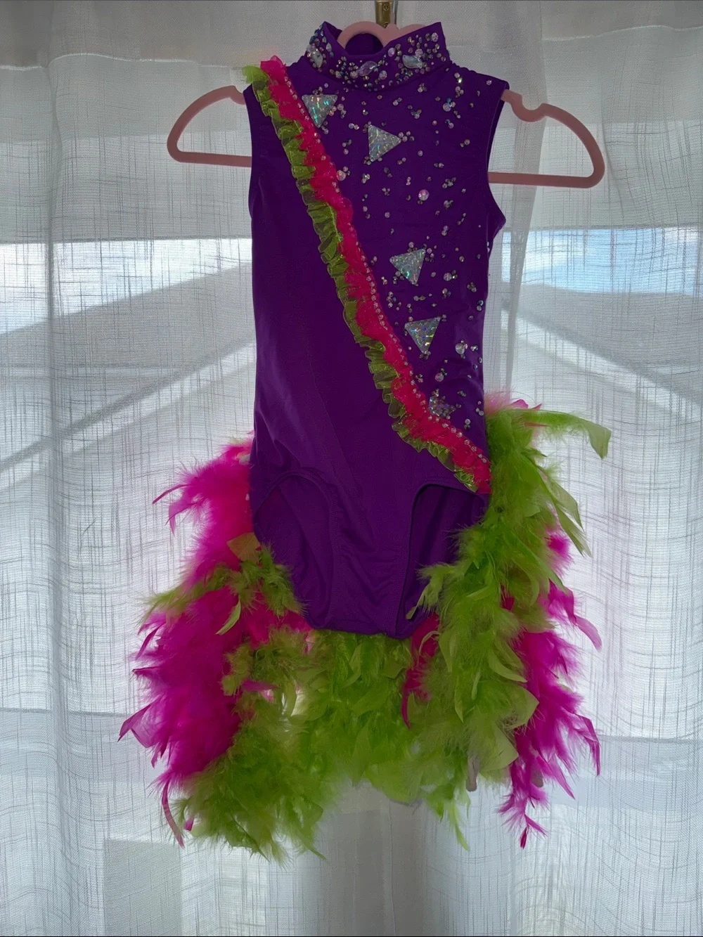 Weissman Purple Dance Costume with Hot Pink & Lime Feather Trim